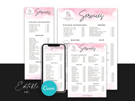 Editable Beauty Salon Price List Template Editable Services Menu Pink