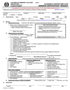 Fillable Online Lasc Academic Classified Absence Form Academic