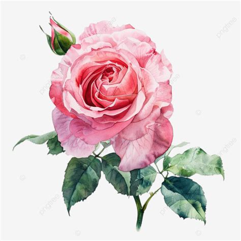 Watercolor Painting Of A Pink Rose With Green Leaves Watercolor