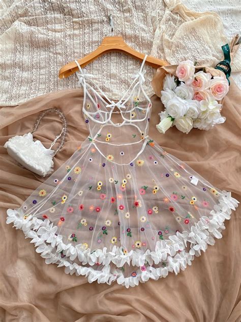 Blanco Collar Tejido Transparente Floral Negligé Embellished Elástico ...