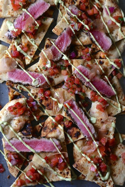 Seared Sesame Ahi Tuna Naan Nachos With Avocado Wasabi Cream