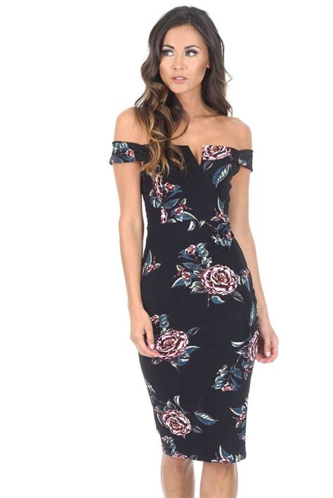 Black Floral Off The Shoulder Midi Dress Ax Paris