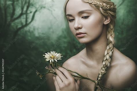 Naked Beautiful Slavic Woman With Blonde Hair Braided Enjoys Freedom In Nature A Beautiful