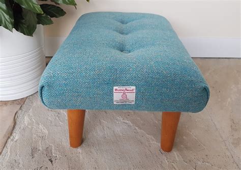 Turquoise Harris Tweed Footstool Bluegrey Herringbone Tweed Etsy