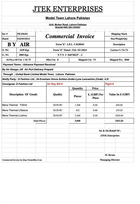 Export Commercial Invoice In Excel Format | SemiOffice.Com