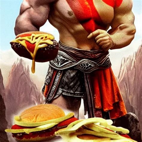 Kratos From God Of War Eating A Cheeseburger Stable Diffusion