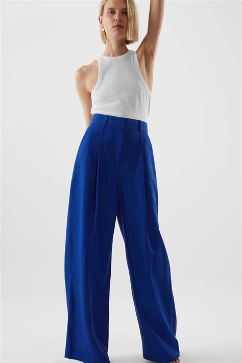 High Waisted Wide Leg Trousers Bright Blue Cos Blue Linen Pants Outfit Blue Pants Outfit