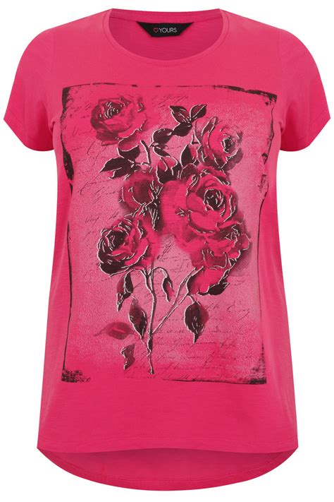 Hot Pink Floral Rose Print T Shirt With Curved Hem Plus Size 16 To 36