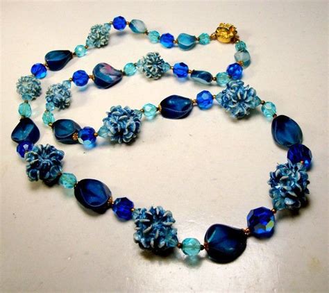 ARTSY Blue Aurora Borealis Crystal Glass Necklace W Flower Focal