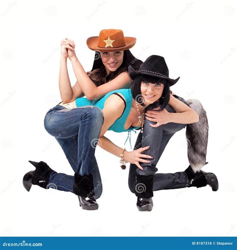 Cowgirls In Jeans Caricamenti Del Sistema E Cappello Di Cowboy