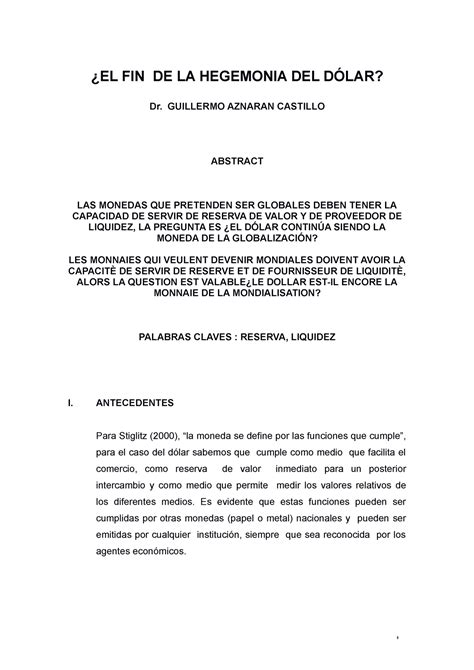 LA Hegemonia DEL Dolar Clase 9 EL FIN DE LA HEGEMONIA DEL DÓLAR Dr