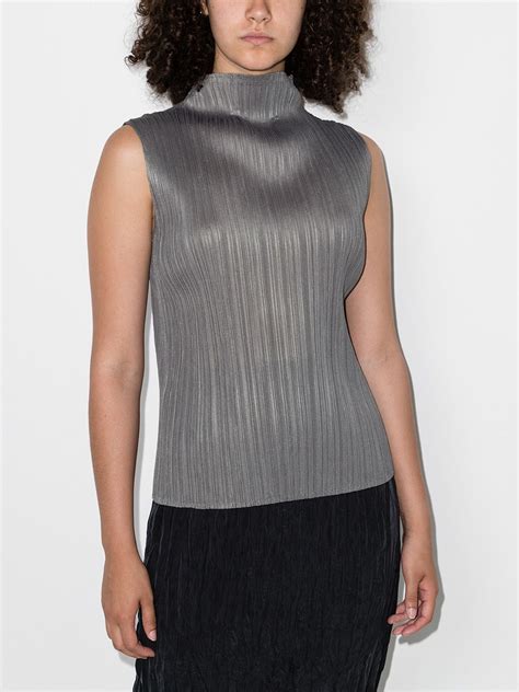 Shop Pleats Please Issey Miyake Pleated Sleeveless High Neck Top With