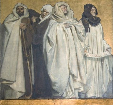 An Old Painting Of Three Men In White Robes And One Wearing A Black Hat