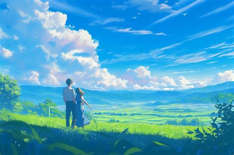 Premium Photo | Back View Of Anime Couple Against Scenic Countryside ...