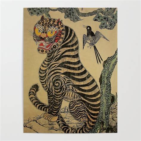 Striped Vintage Minhwa Tiger And Magpie Art Poster By Patricia 18 X