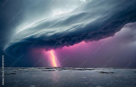 Dramatic And Powerful Tornado Lightning Thunderstorm Flash Over The