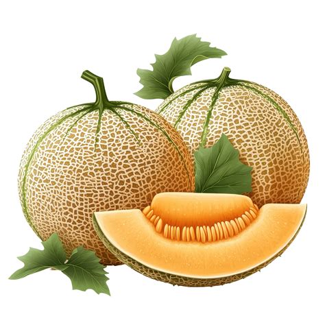 Fresh cantaloupes with vibrant green leaves placed on a Transparent