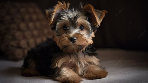 Fundo Cachorro Pequeno Yorkshire Terrier Está Sentado Em Uma Cama Fundo