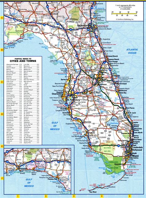 Florida map with cities and towns, rivers and lakes, parks and recreation