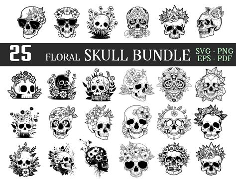 Floral Skull Svg Bundleskull And Roses Svg Skull With Flowers Svg Skull Svg Skull Vector