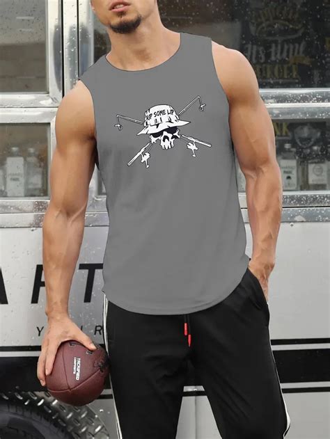 Halloween Trendy Skull Print Mens Casual Round Neck Tank Top Mens