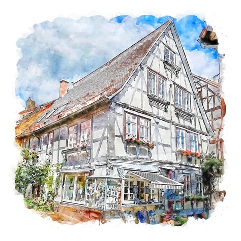 Michelstadt Germany Watercolor Sketch Hand Drawn Illustration 13655657