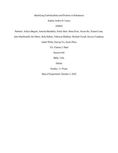 Biol130l Final Experiment 1 Macromolecule Lab Report Warning Tt