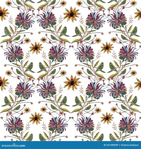 Watercolor Vintage Style Flower Seamless Pattern Hand Draw