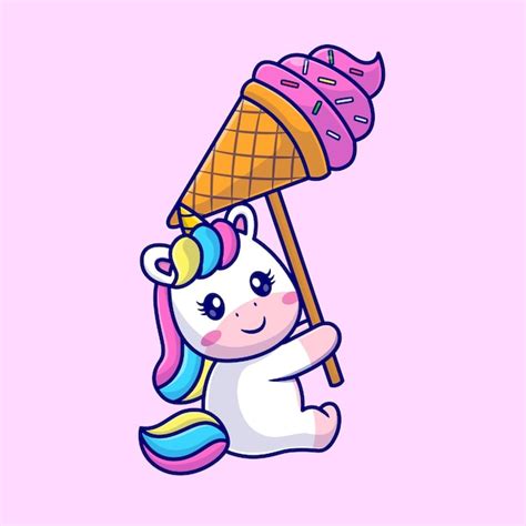 Lindo Unicornio Sosteniendo Cono De Helado Globo Dibujos Animados