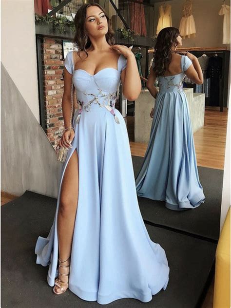 Custom Made Sweetheart Neck Light Blue Prom Dress With Cap Sleeves Ca