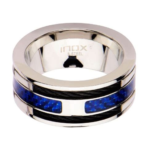 Inox Mens Blue Carbon Fiber With Black Cable Steel Inlayed Ring Size