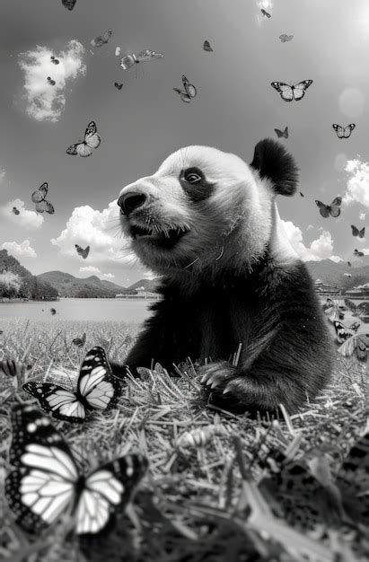 Retrato De Urso Panda Em Preto E Branco Imagem Gerada IA