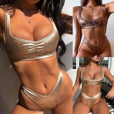 Sexy Two Piece Swimming Suit Bikini Solid Badmode Vrouwen Shiny Badpak