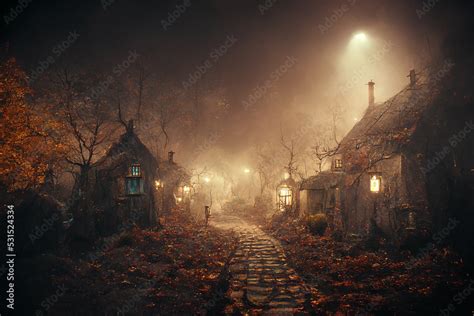 Naklejka Stone Path Between The Huts Of A Spooky Mystical Village At