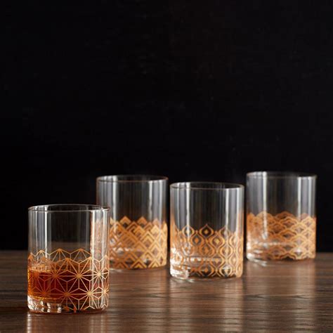 Art Deco Set Of 4 Gold Double Old Fashioned Whiskey Glasses Mikasa