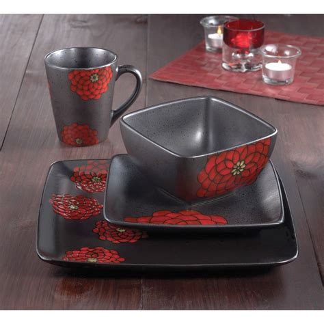 NEW 16 pc dinnerware set red black square dishes modern glazed ...