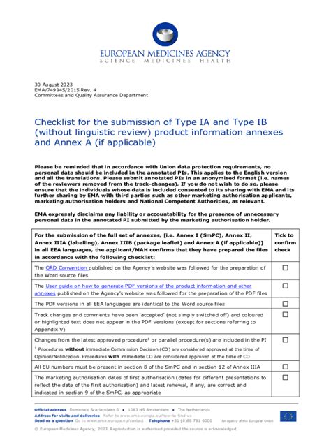 Fillable Online Fillable Online Ema Europa Checklist For Type IA And IB