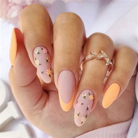 24pcs Detachable Almond False Nails Press On Nail Fresh Floral French