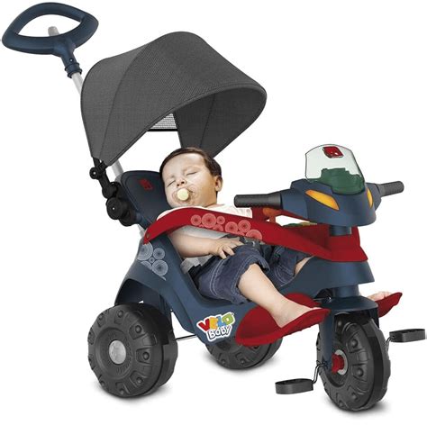 Triciclo Velobaby Reclin Vel Capota Passeio E Pedal Azul