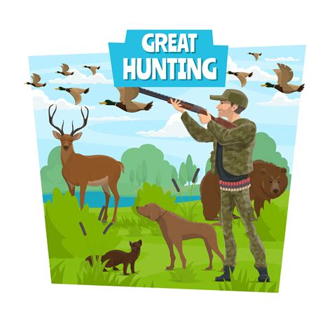 Hunting adventure, hunter and wild animals 16168990 Vector Art at Vecteezy