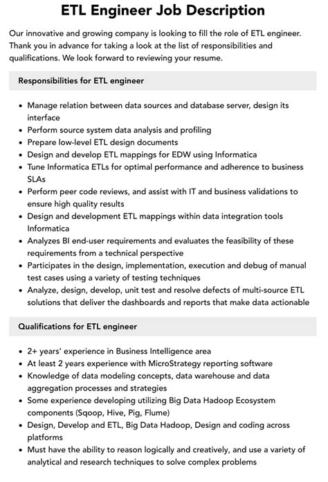 ETL Engineer Job Description Velvet Jobs