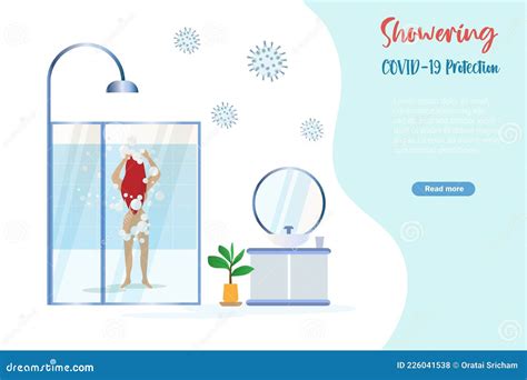 Naked Woman Taking Shower And Washing Hair In Bathroom With Soap Bubbles Hygiene Protective