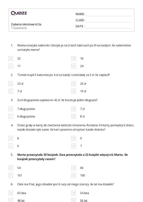 Ponad 50 Zadania tekstowe do rozwiązania w kilku krokach arkuszy