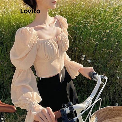 Lovito Casual Blusa Feminina Lisa Manga Bufante LNA33070 Off White