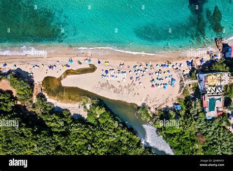 Aerial view (drone) of Rakopotamos beach (municipality of Agia), one of ...