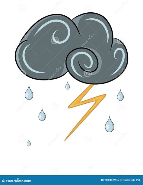 Isolated Vector Composition Of Thundercloud Lightning And Raindrops In