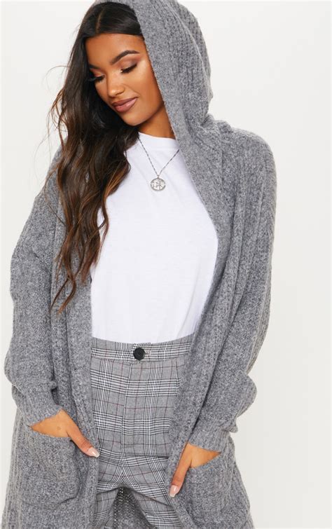 Grey Hooded Cardigan Knitwear Prettylittlething Qa