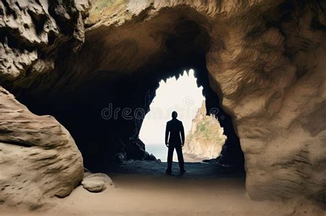 Man Standing in Front of a Dark Rocky Formed Cave Entrance. Stock ...