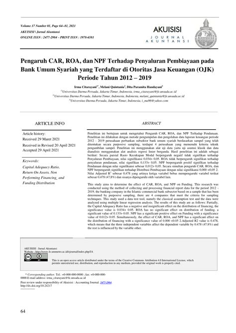 PDF Pengaruh Capital Adequacy Ratio CAR Return On Assets ROA
