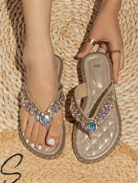 Metallic Rhinestone Decor Thong Sandals Shein Usa